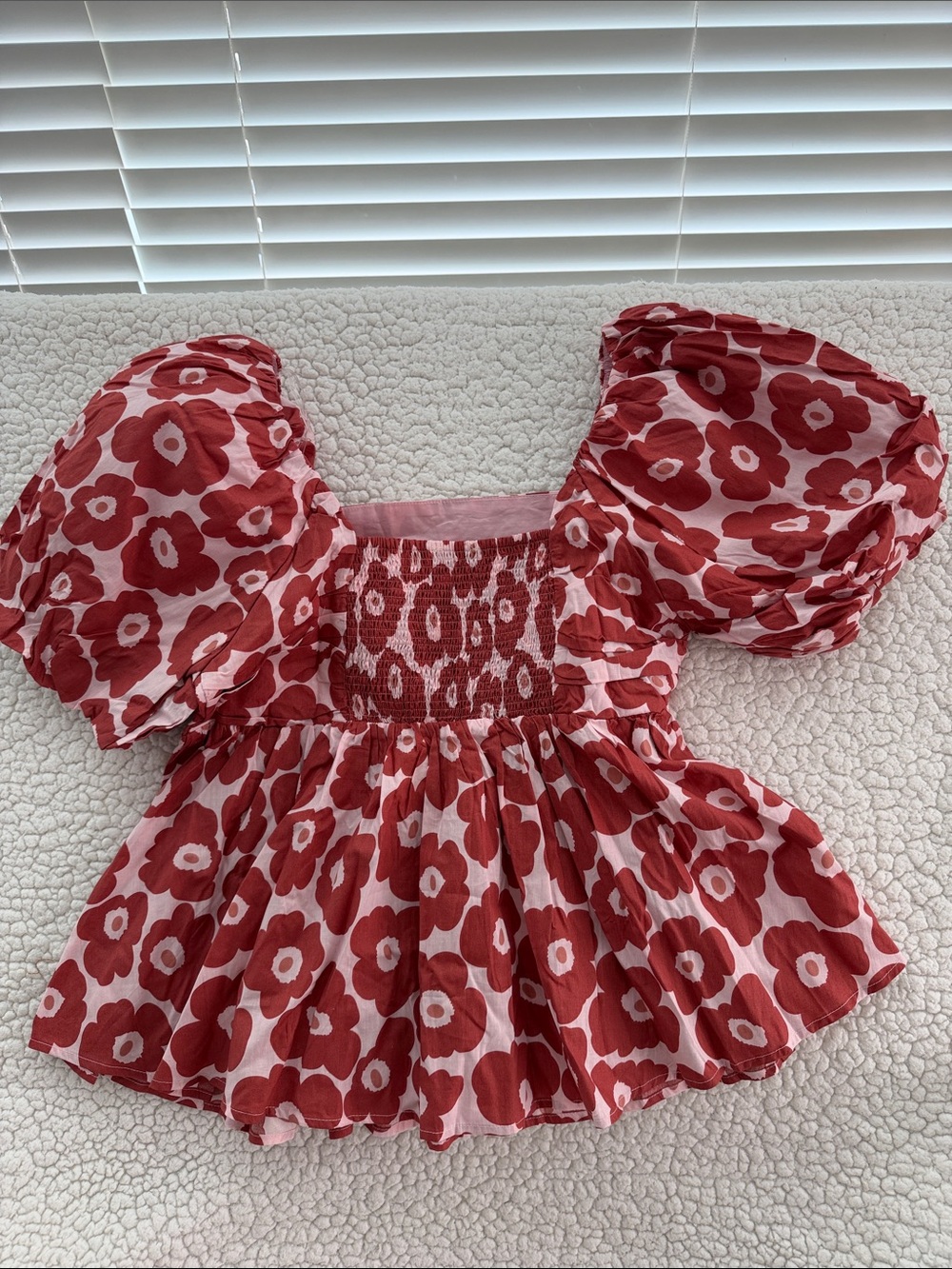 Floral Puff Sleeve Peplum Top - Brick & Pink - Picture 3 of 4
